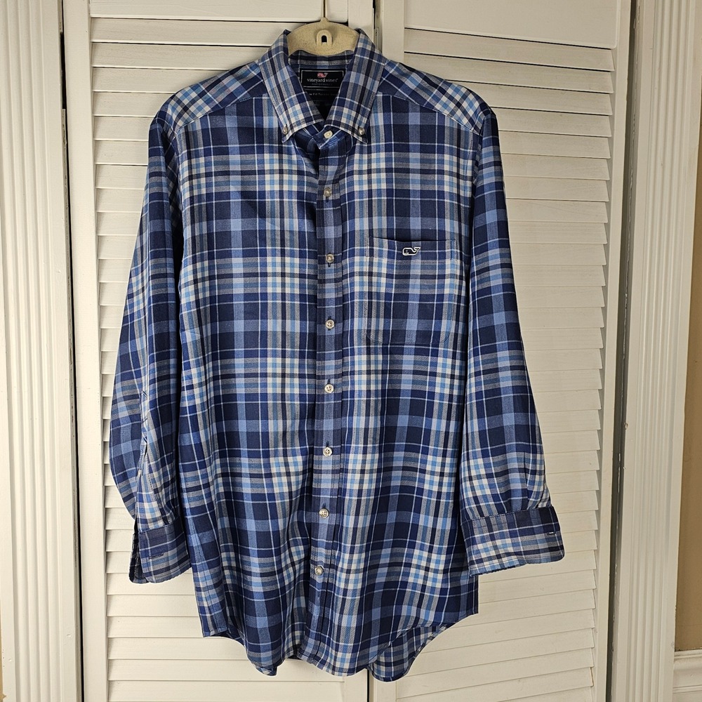 Vineyard Vines Performance Blue Plaid Slim Fit Long Sleeve‎ Tucker Shirt Small
